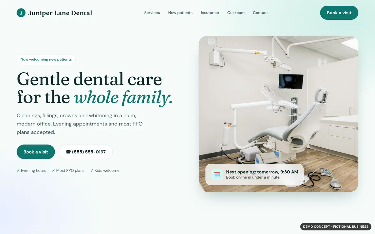 After (fictional): a calm, light dental homepage with a booking button