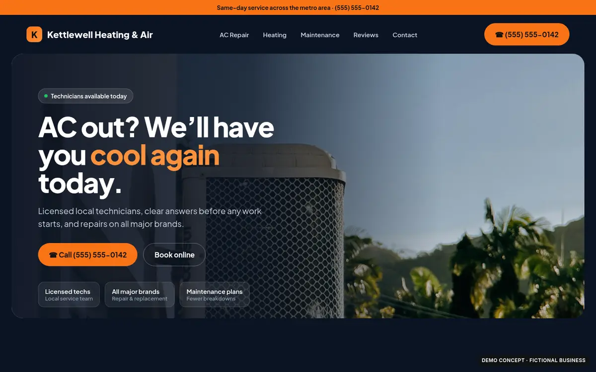 After (fictional): a modern dark HVAC homepage with a clear headline and a large call button