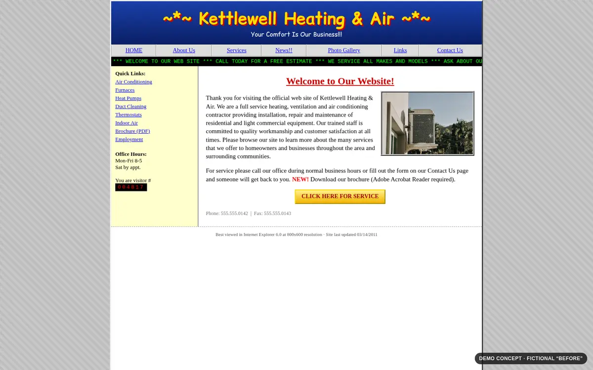 Before (fictional): a dated, cluttered HVAC homepage with tiny text and a table layout