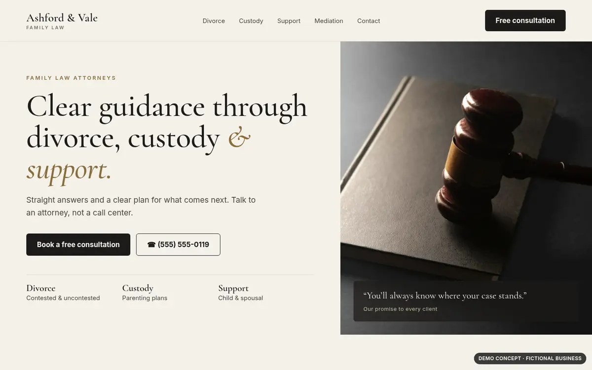 After (fictional): a clean, editorial family law homepage with a consultation button