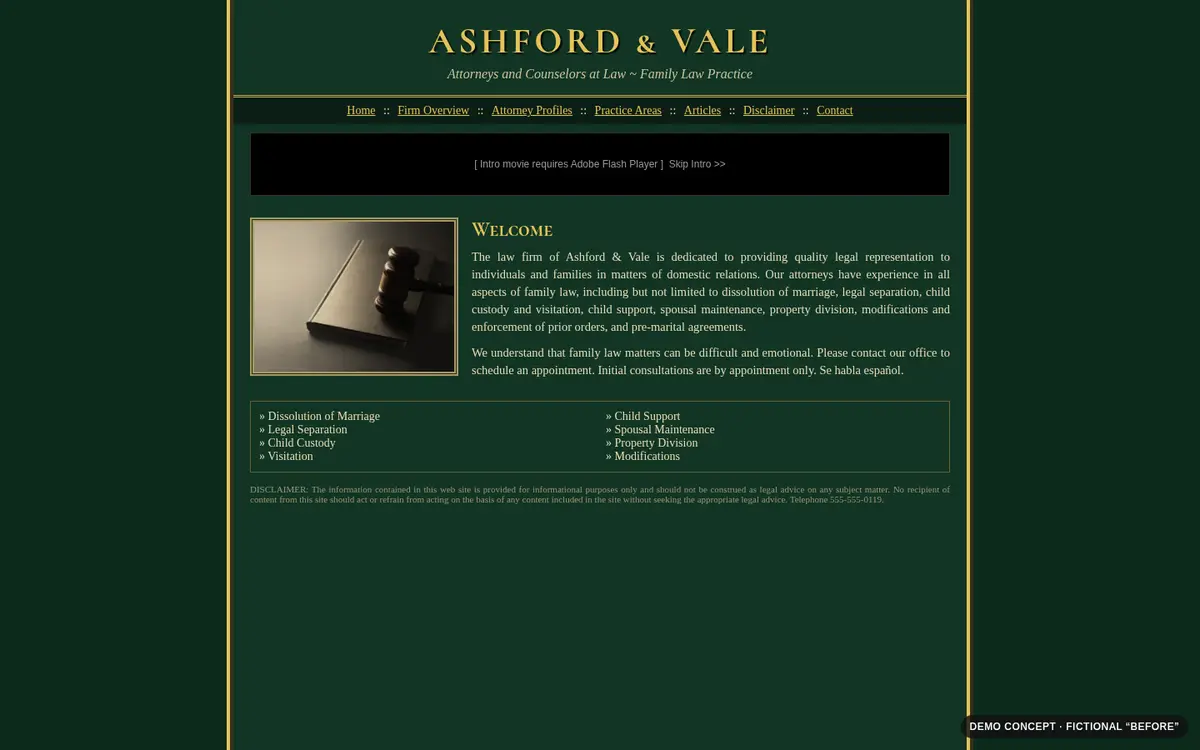 Before (fictional): a dark green law firm homepage with a Flash intro and dense justified text